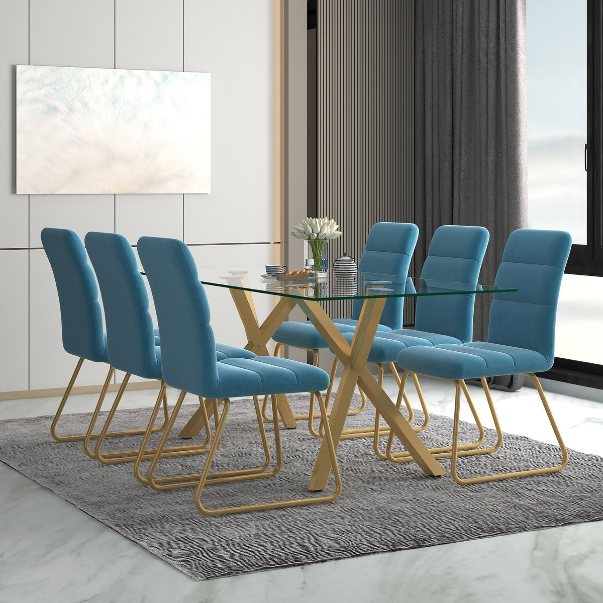 Glass Rectangular Dining Table, 71" in Aged Gold
