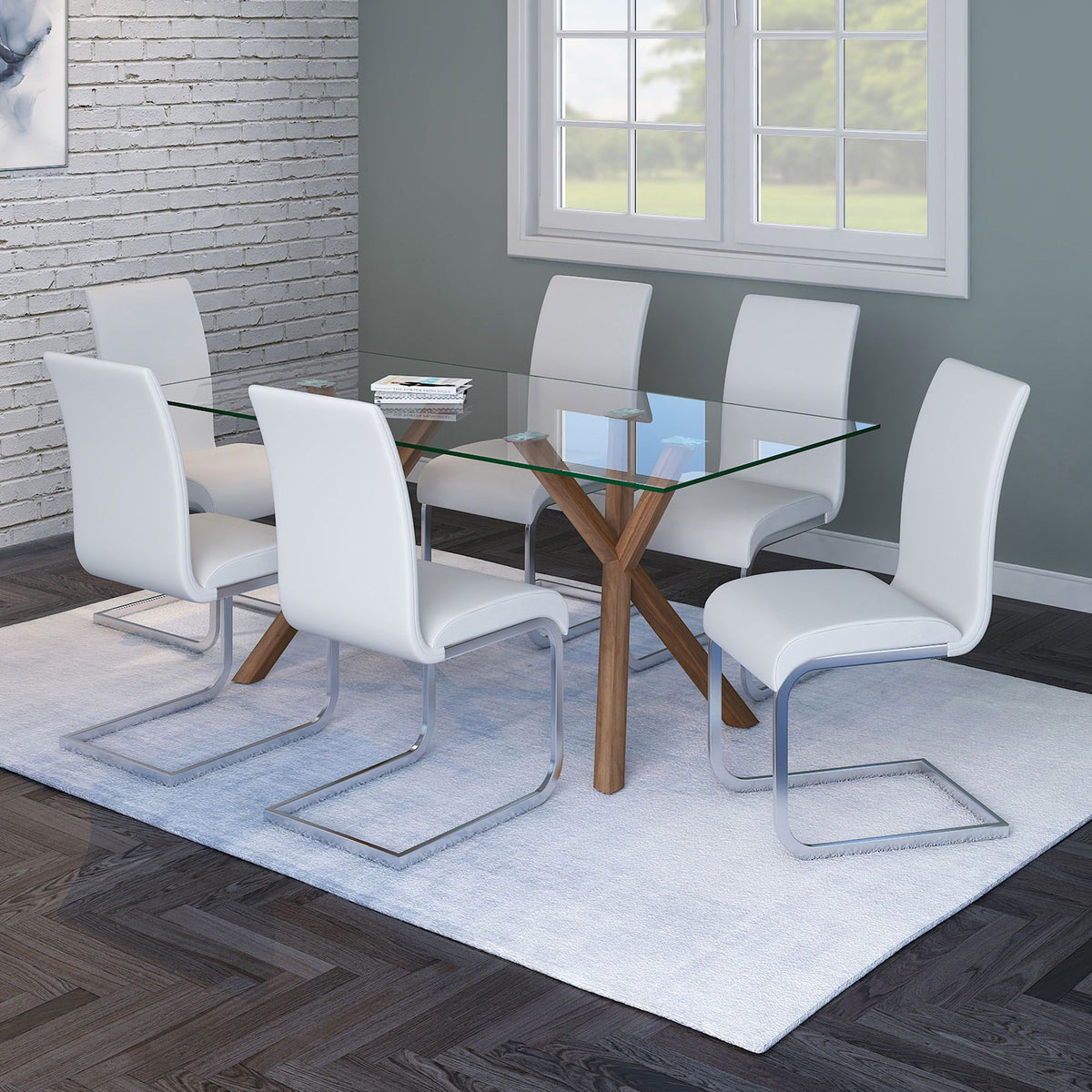 Glass Rectangular Dining Table, 71" in Walnut