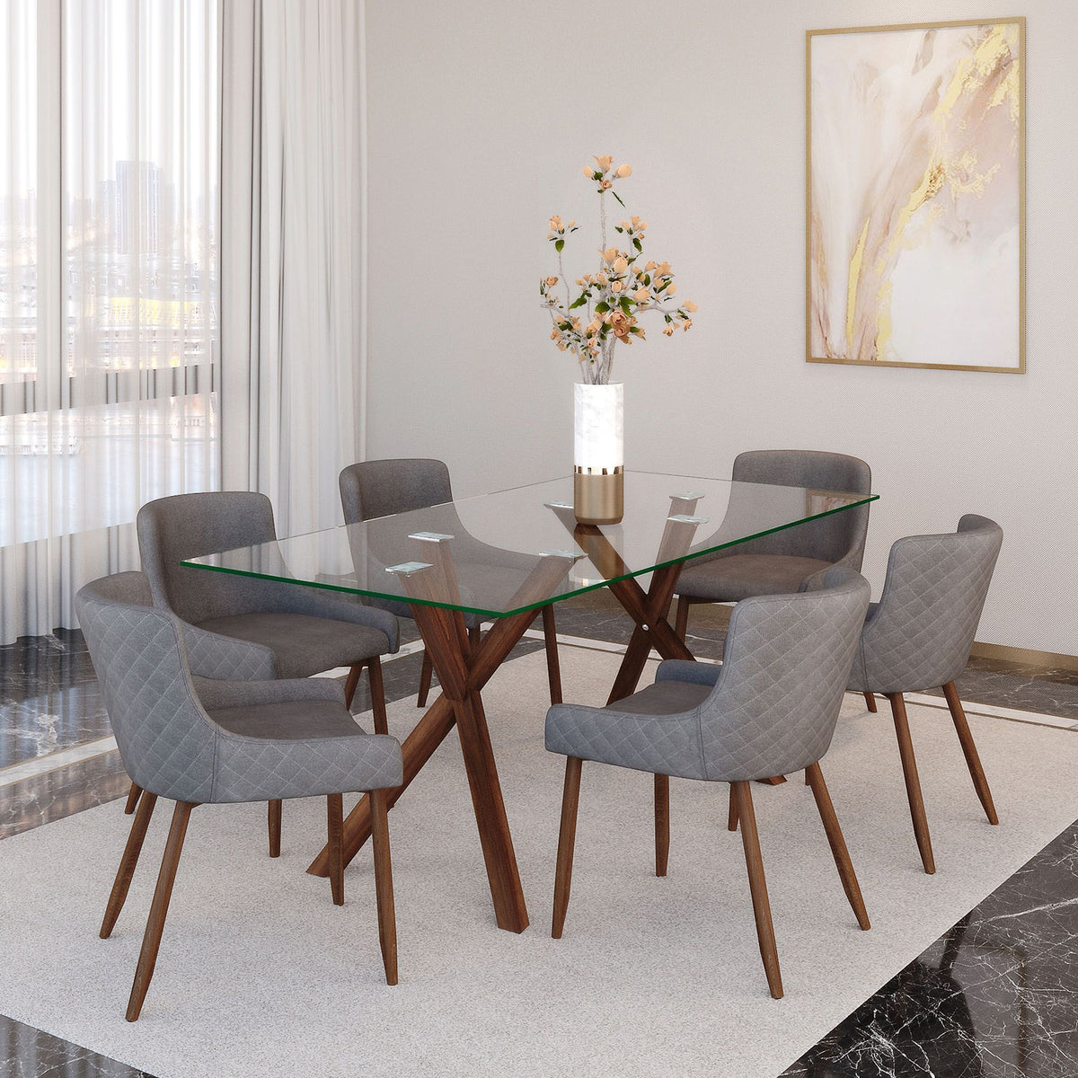 Glass Rectangular Dining Table, 71" in Walnut