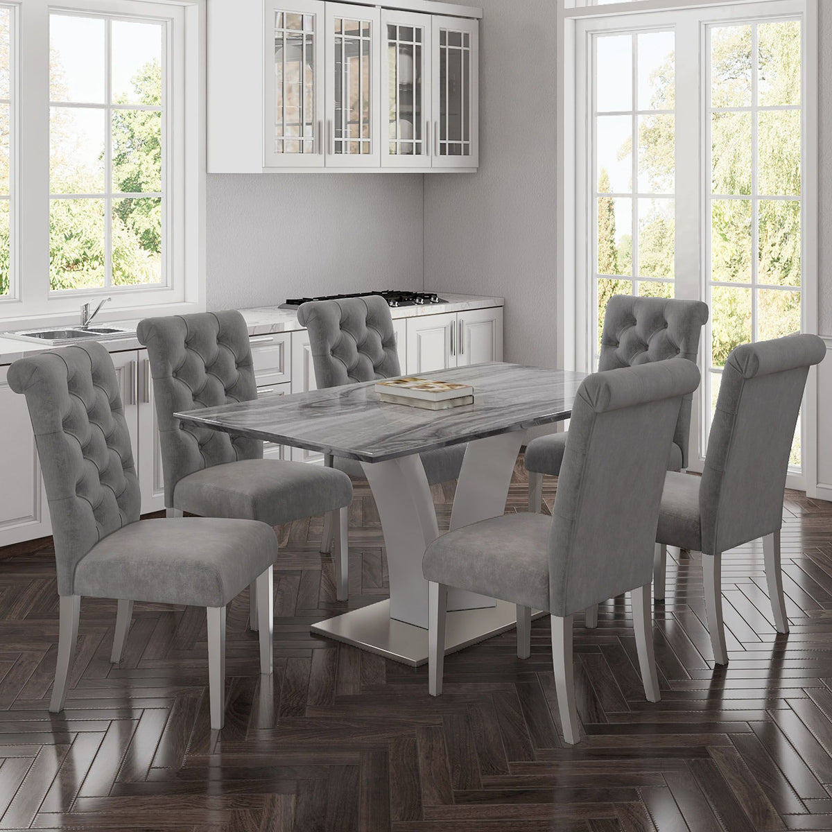 Faux Marble Rectangular Dining Table, 63" in Light Grey