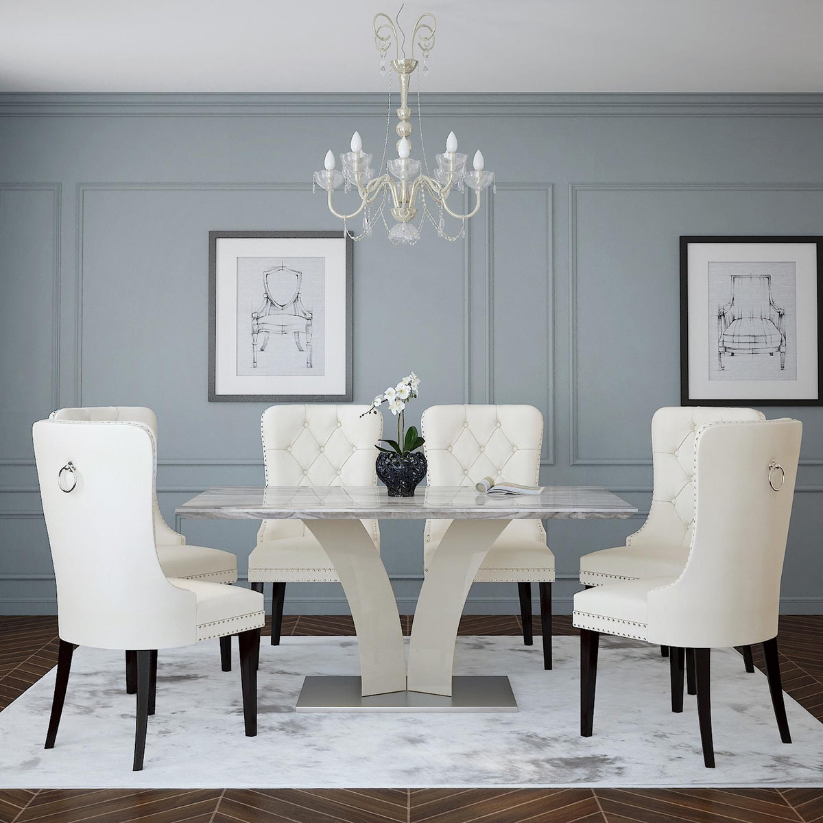 Faux Marble Rectangular Dining Table, 63" in Light Grey