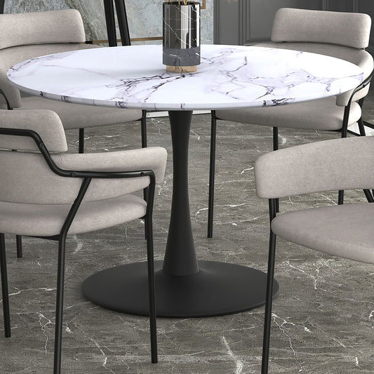Wood Round Pedestal Dining Table, 48" in White Faux Marble and Black