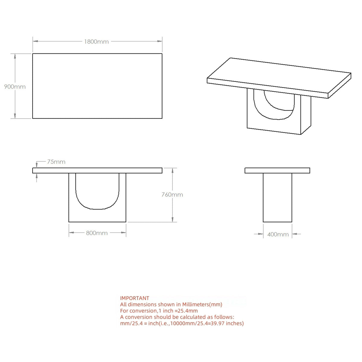 Concrete Rectangular Dining Table, 71" in Travertine