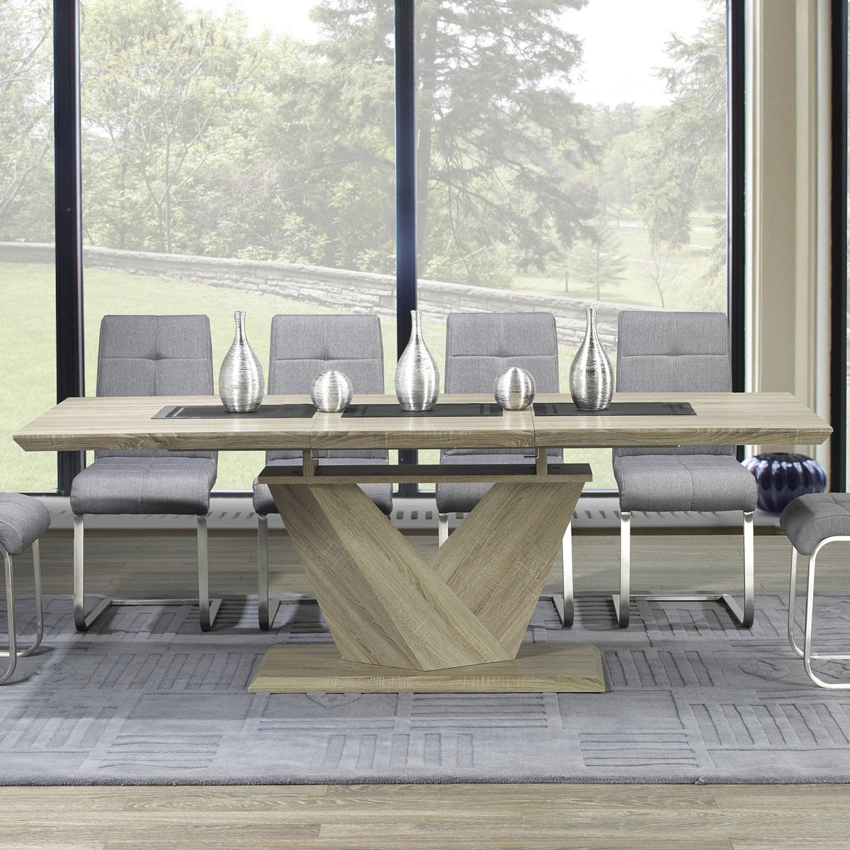 Wood Dining Table with Extension, 63"-87" in Washed Oak