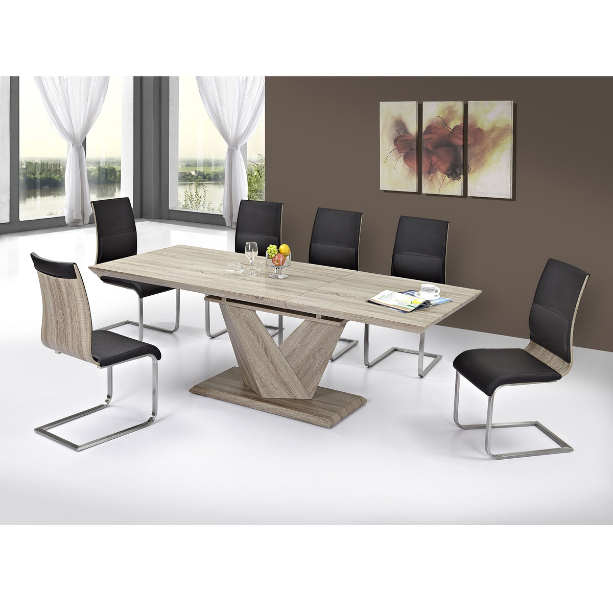 Wood Dining Table with Extension, 63"-87" in Washed Oak