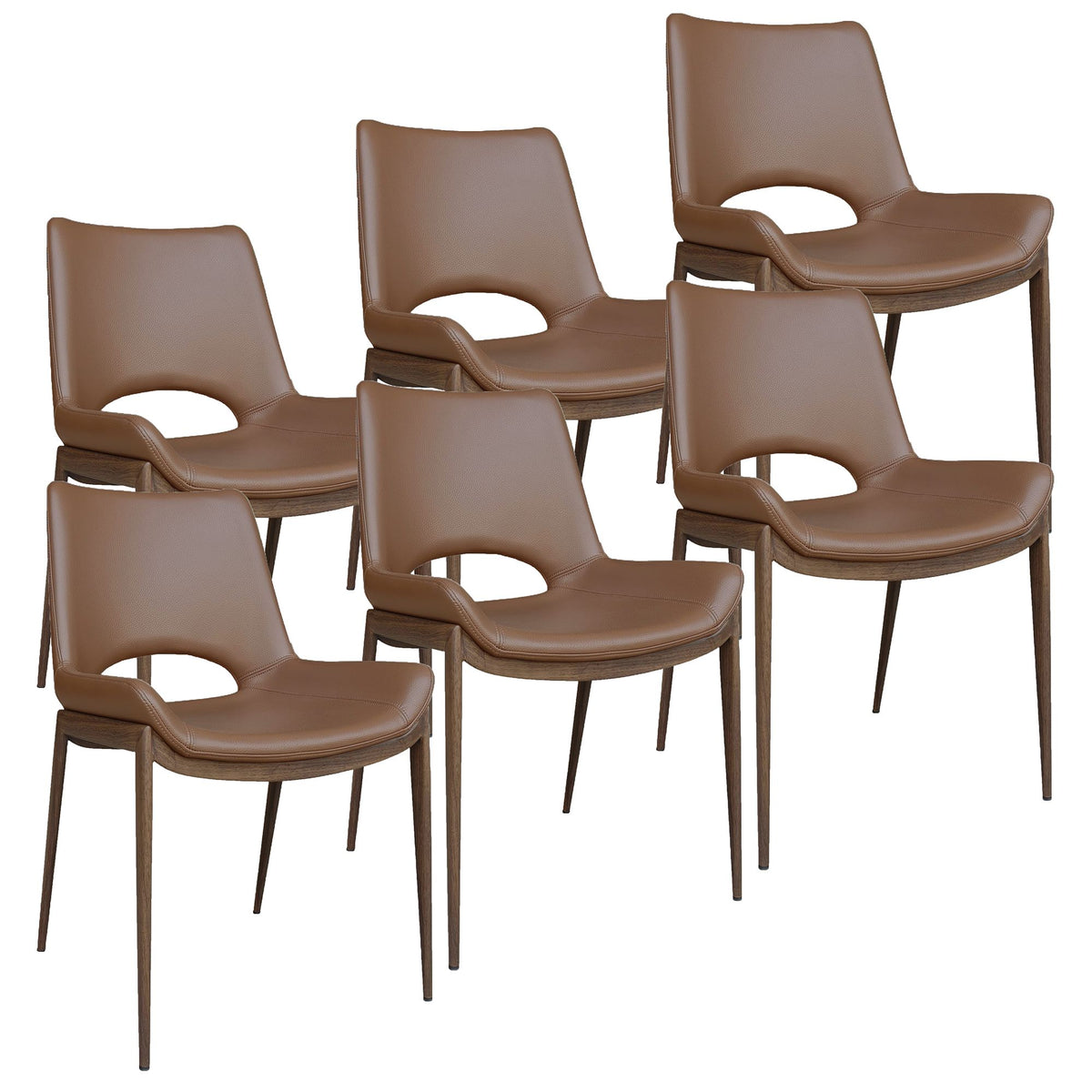 Contoured Faux Leather Dining Chair, Set of 6 in Saddle and Walnut