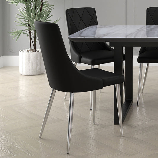 Curved-Back Faux Leather Dining Chair, Set of 2 in Black and Chrome