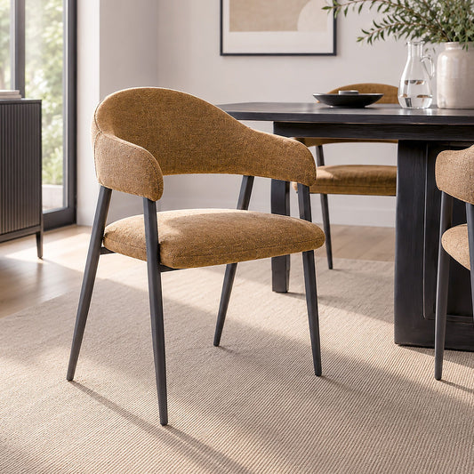 Curved-Back Upholstered Dining Chair, Set of 4 in Caramel and Black