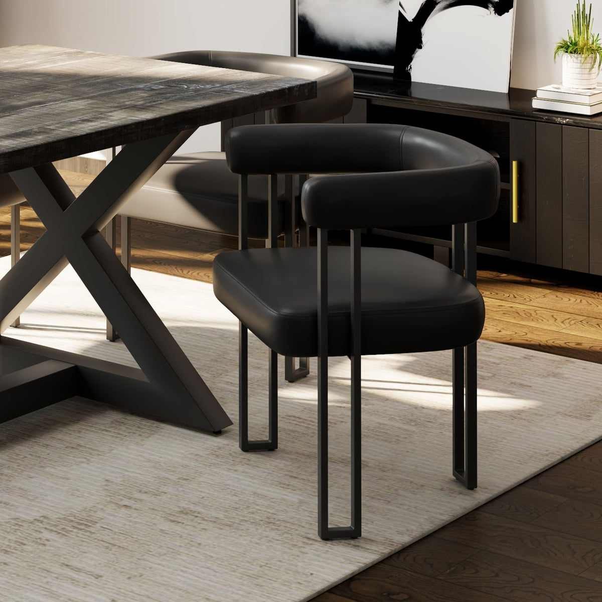 Faux Leather Dining Chair, Set of 2 in Black PU and Black