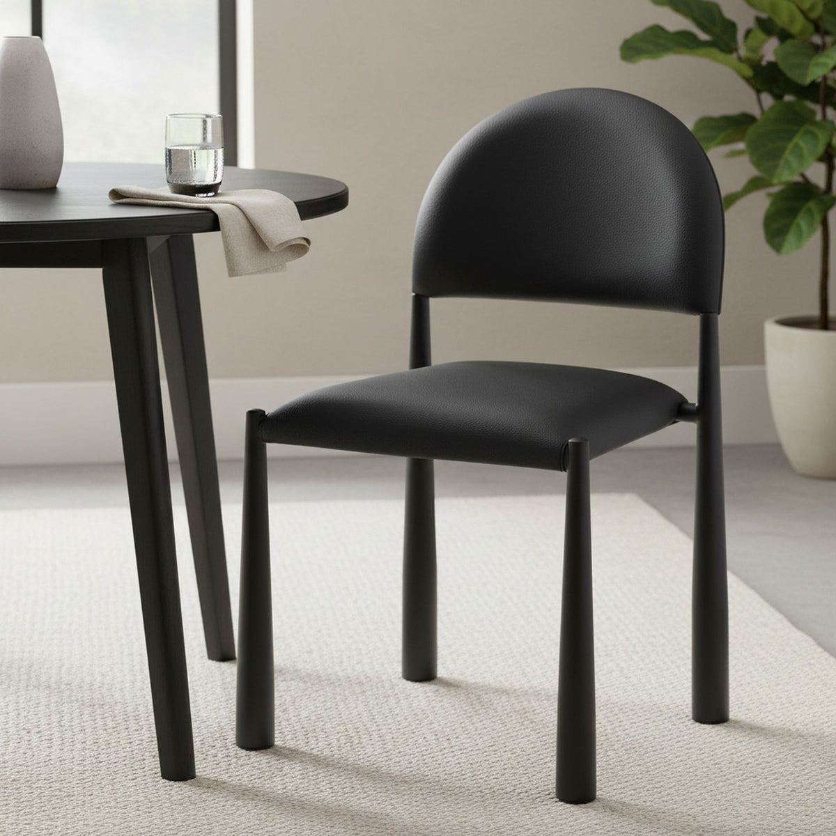 Mid-Century Faux Leather Dining Chair, Set of 4 in Black and Black
