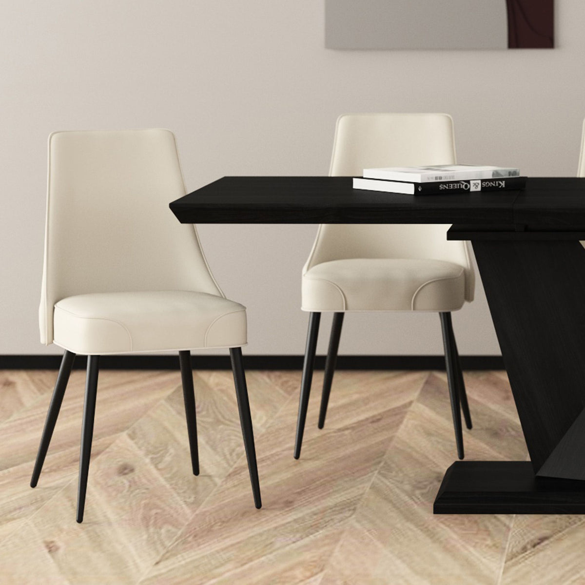 Piped Faux Leather Dining Chair, Set of 2 in Beige and Black