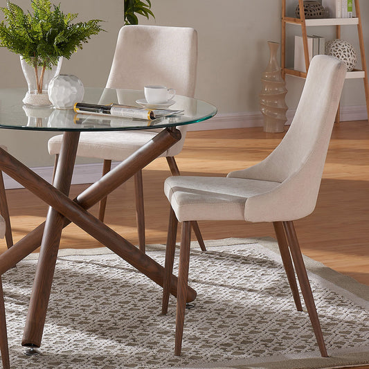 Curved-Back Upholstered Dining Chair, Set of 2 in Beige and Walnut