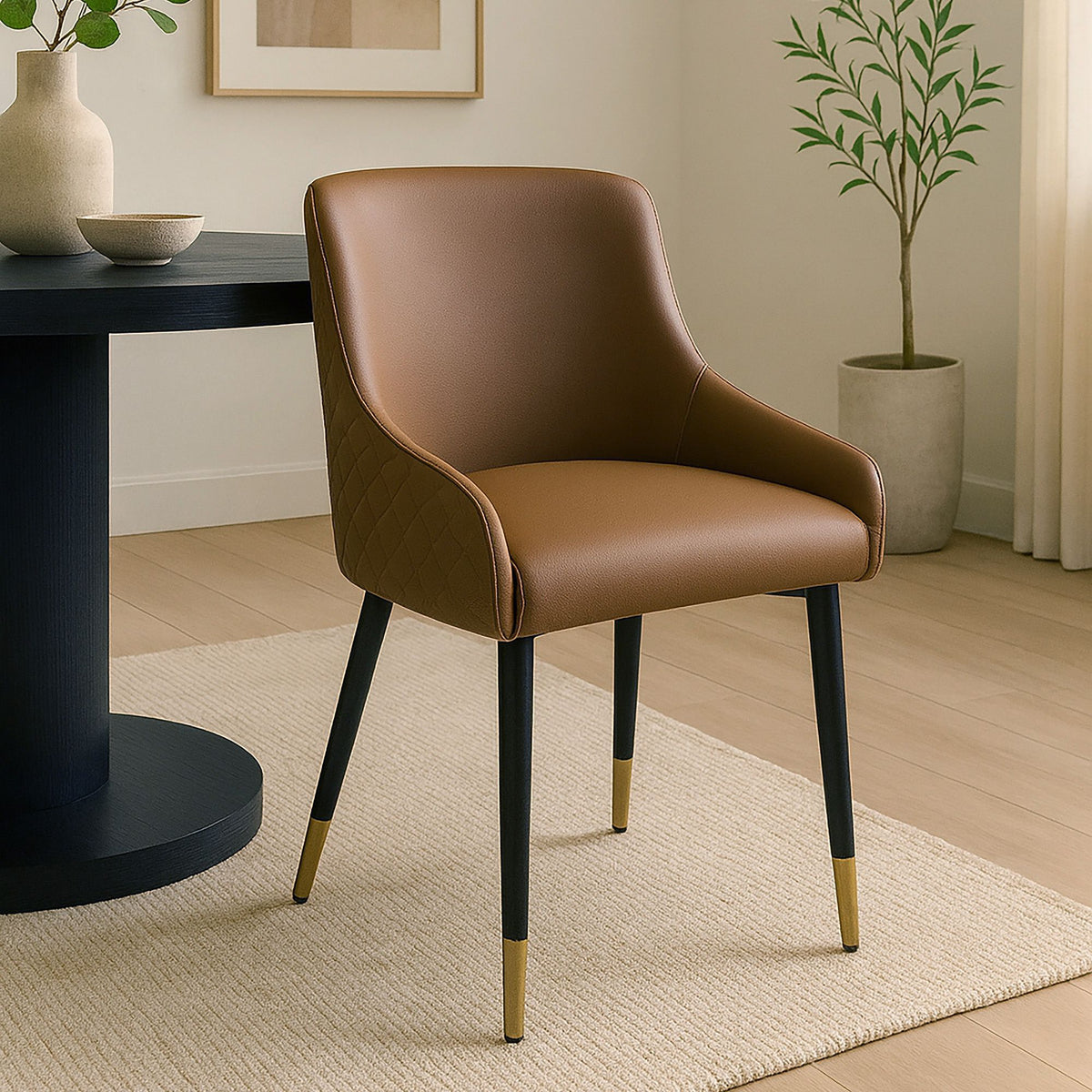 Mid-Century Faux Leather Dining Chair, Set of 2 in Brown and Black