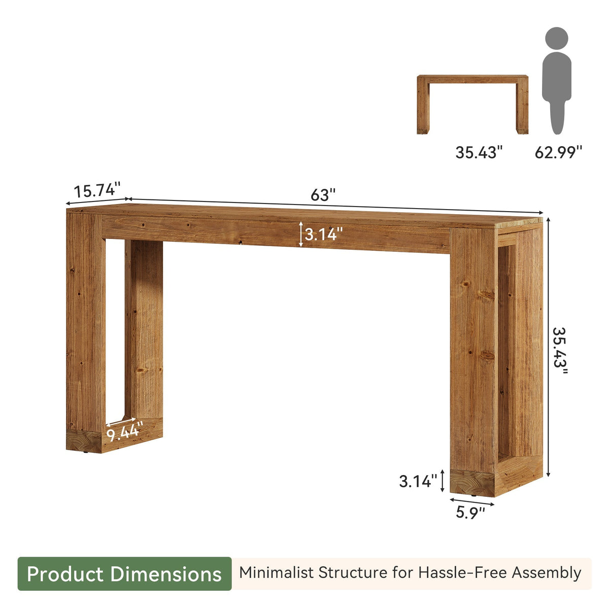 63" Console Table, Solid Wood Sofa Table with Reinforced Base
