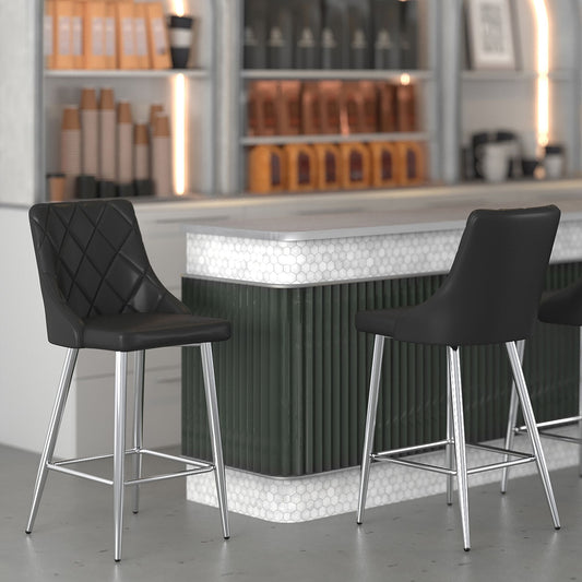 Stitched Faux Leather 26" Counter Stool, Set of 2 in Black and Chrome