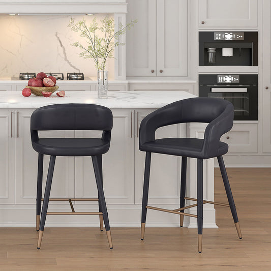 High-Back Faux Leather 26" Counter Stool, Set of 2 in Black and Black