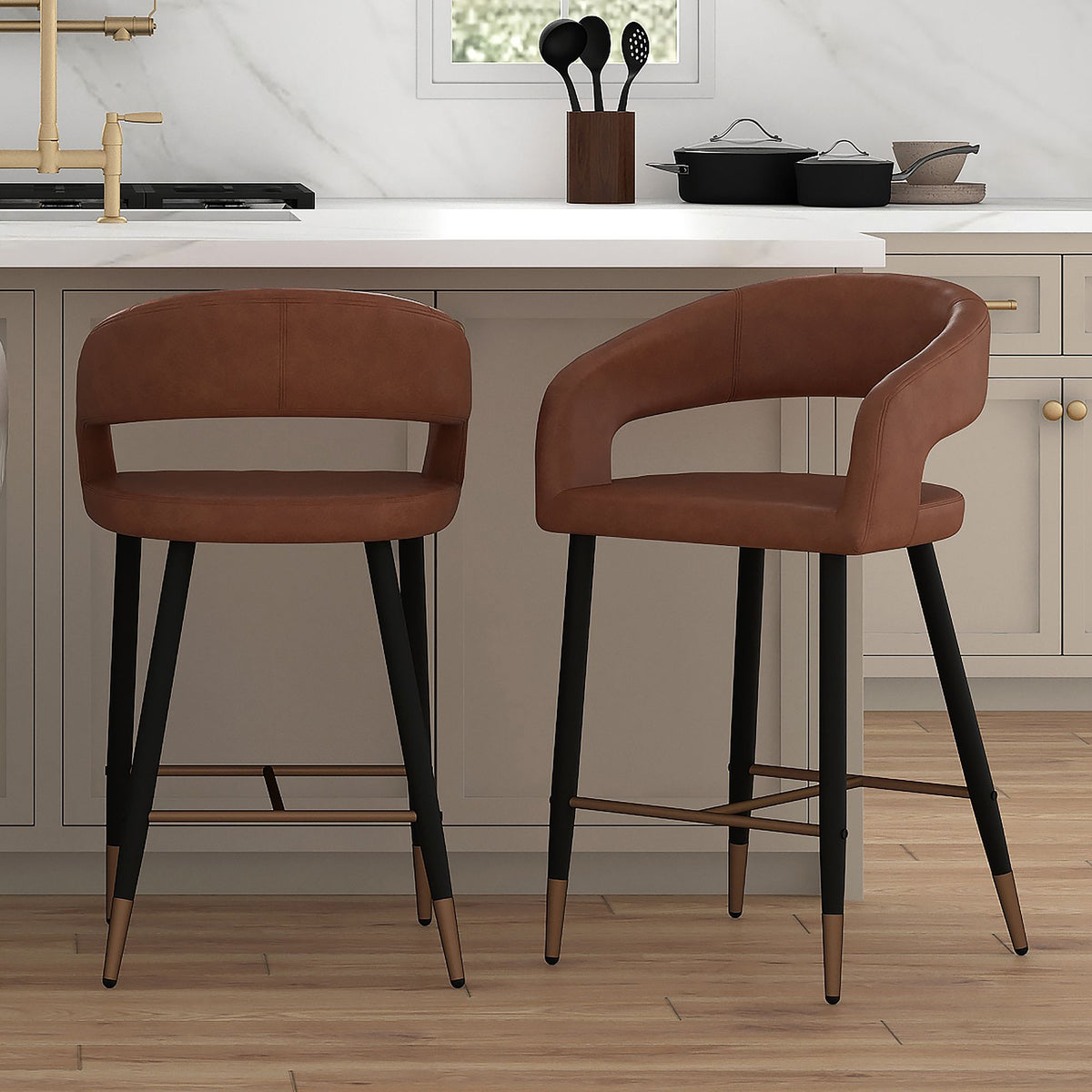 High-Back Faux Leather 26" Counter Stool, Set of 2 in Saddle and Black