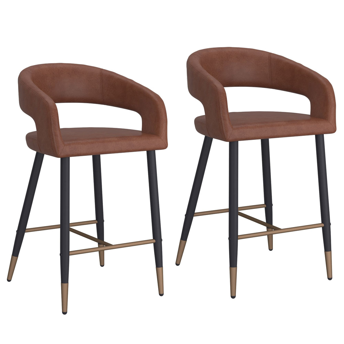 High-Back Faux Leather 26" Counter Stool, Set of 2 in Saddle and Black