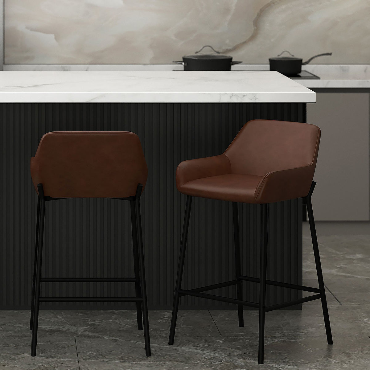 Faux Leather 26" Counter Stool, Set of 2 in Brown PU and Black