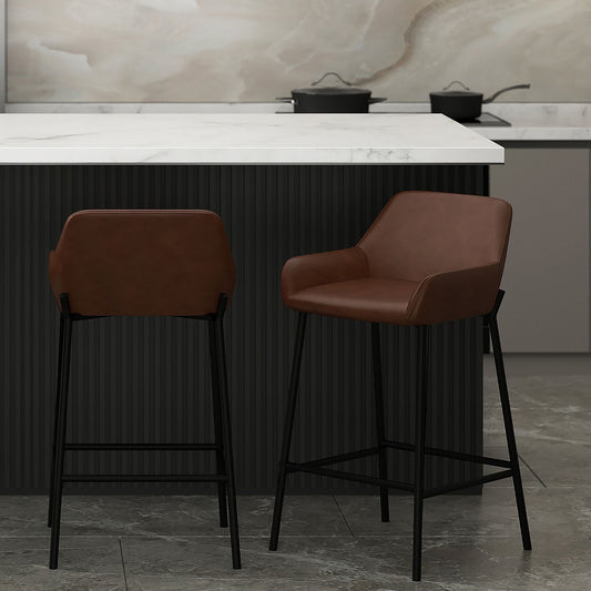 Faux Leather 26" Counter Stool, Set of 2 in Brown PU and Black