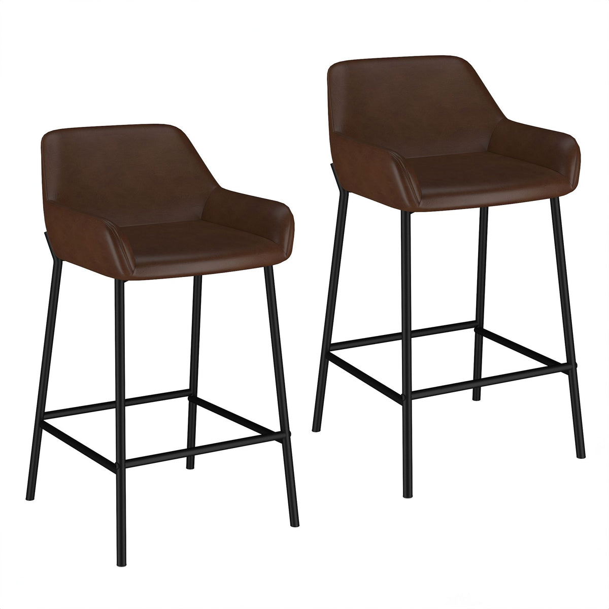 Faux Leather 26" Counter Stool, Set of 2 in Brown PU and Black