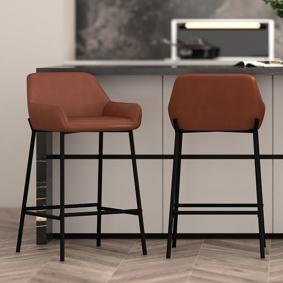 Faux Leather 26" Counter Stool, Set of 2 in Saddle PU and Black