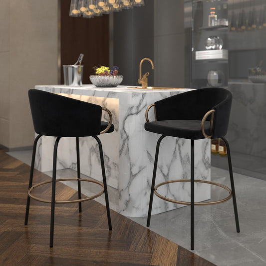 Velvet 26" Counter Stool with Swivel, Set of 2 in Black and Aged Gold