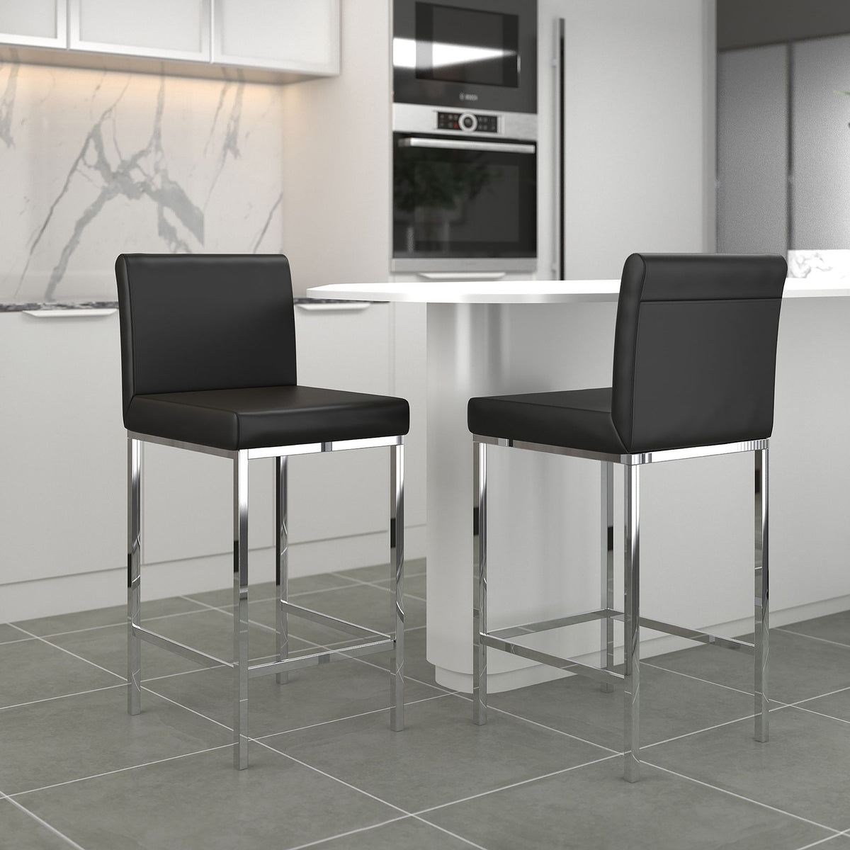 Low-Back Faux Leather 26" Counter Stool, Set of 2 in Black and Chrome