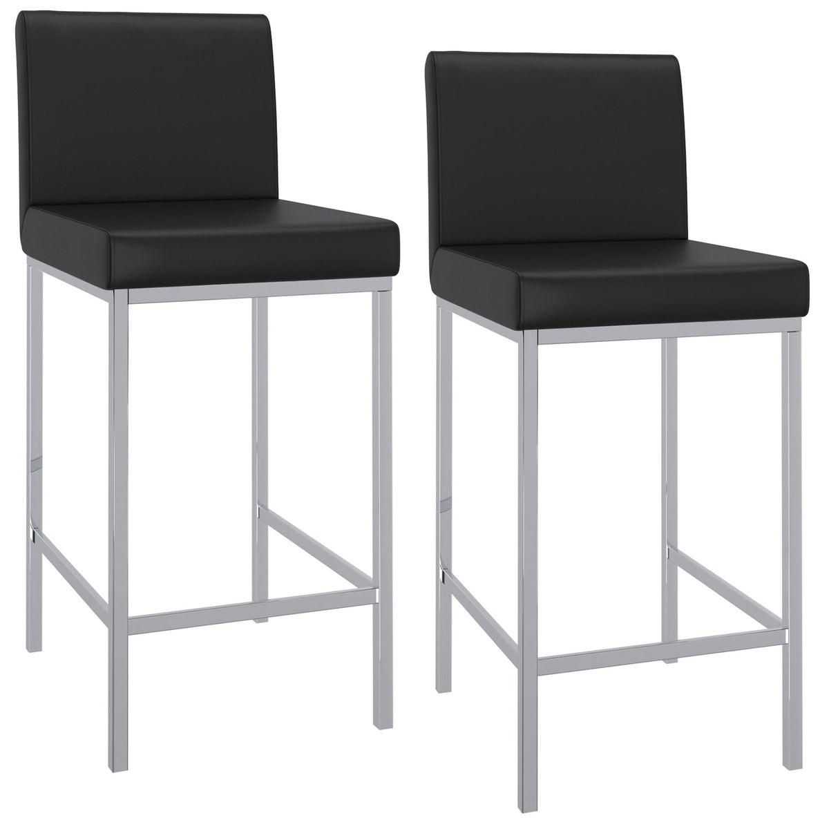 Low-Back Faux Leather 26" Counter Stool, Set of 2 in Black and Chrome