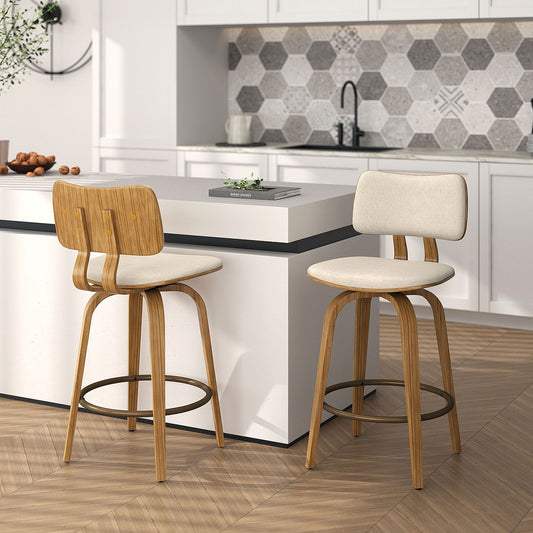 Bentwood Upholstered 26" Counter Stool with Swivel, Fabric in Beige Fabric and Natural