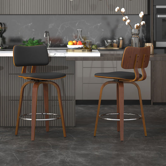 Bentwood Faux Leather 26" Counter Stool with Swivel, PU in Black PU and Walnut