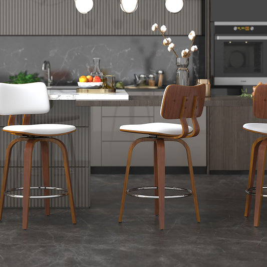 Bentwood Faux Leather 26" Counter Stool with Swivel, PU in White PU and Walnut