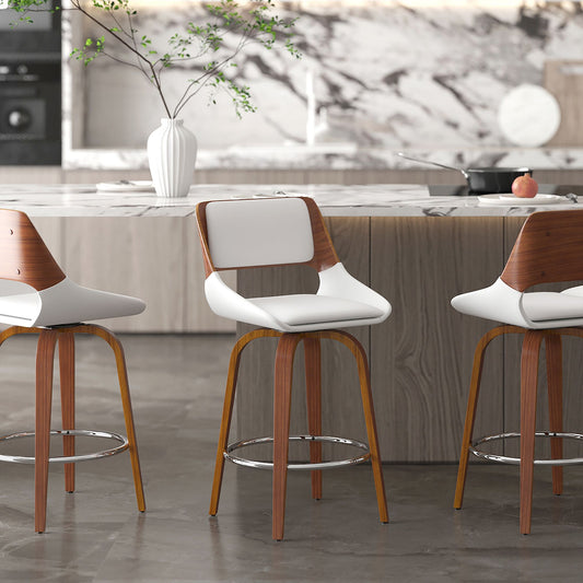 Bentwood Faux Leather 26" Counter Stool with Swivel in White Faux Leather and Walnut