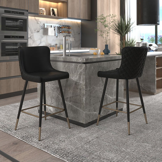 Mid-Century Faux Leather 26" Counter Stool, set of 2, in Black