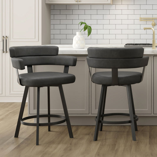 Curved-Back Faux Leather 26" Counter Stool with Swivel, Set of 2 in Charcoal and Black