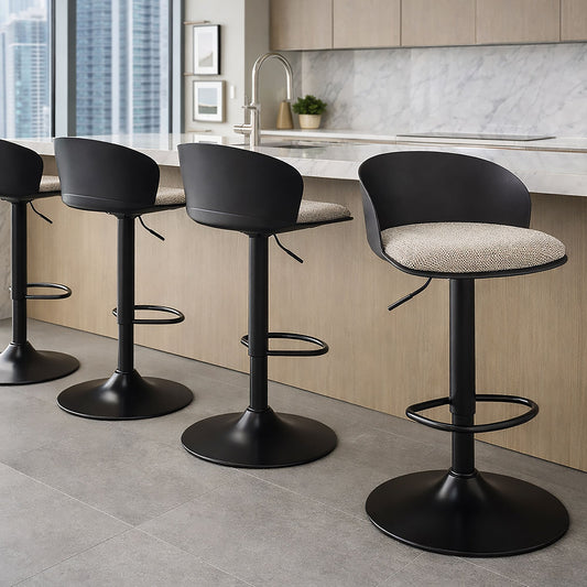 Upholstered Adjustable Air-Lift Stool, Set of 2 in Black and Beige