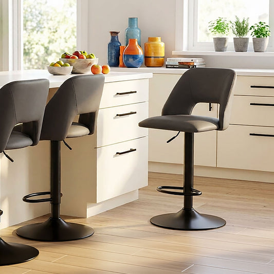 Cutout-Back Faux Leather Adjustable Air-Lift Stool, Set of 2 in Black and Black