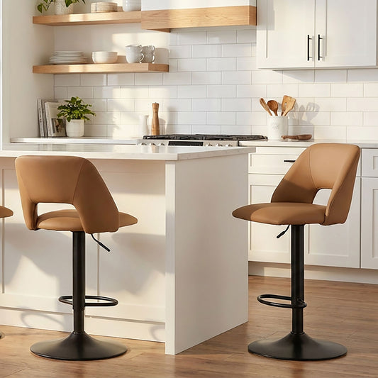 Cutout-Back Faux Leather Adjustable Air-Lift Stool, Set of 2 in Tan and Black