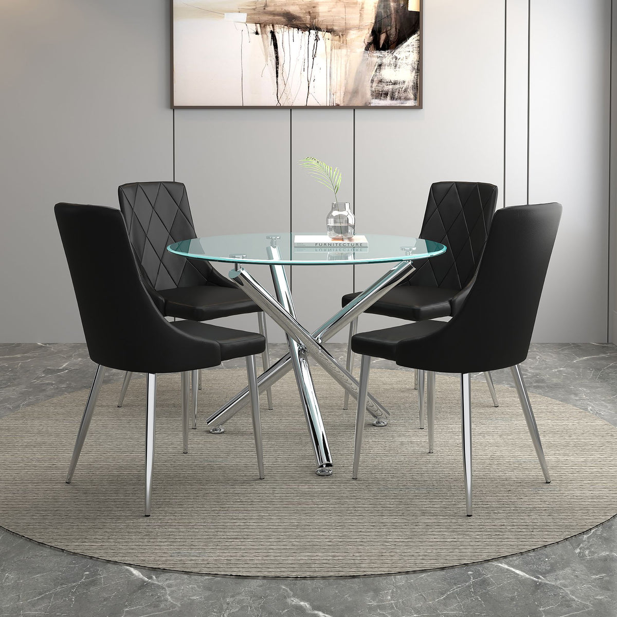 Glass Top 5-Piece Dining Set, Chrome Table and Black Chairs