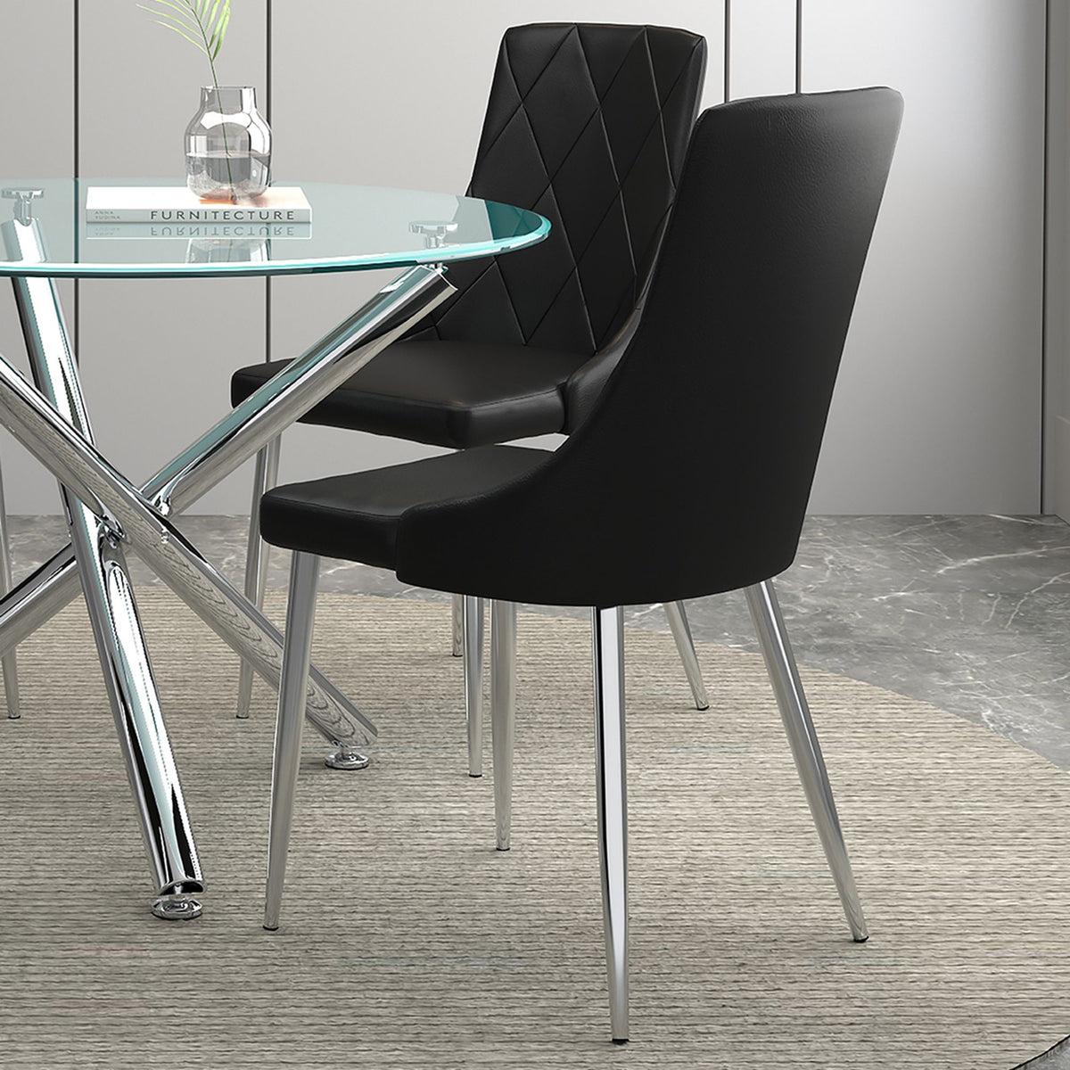 Glass Top 5-Piece Dining Set, Chrome Table and Black Chairs
