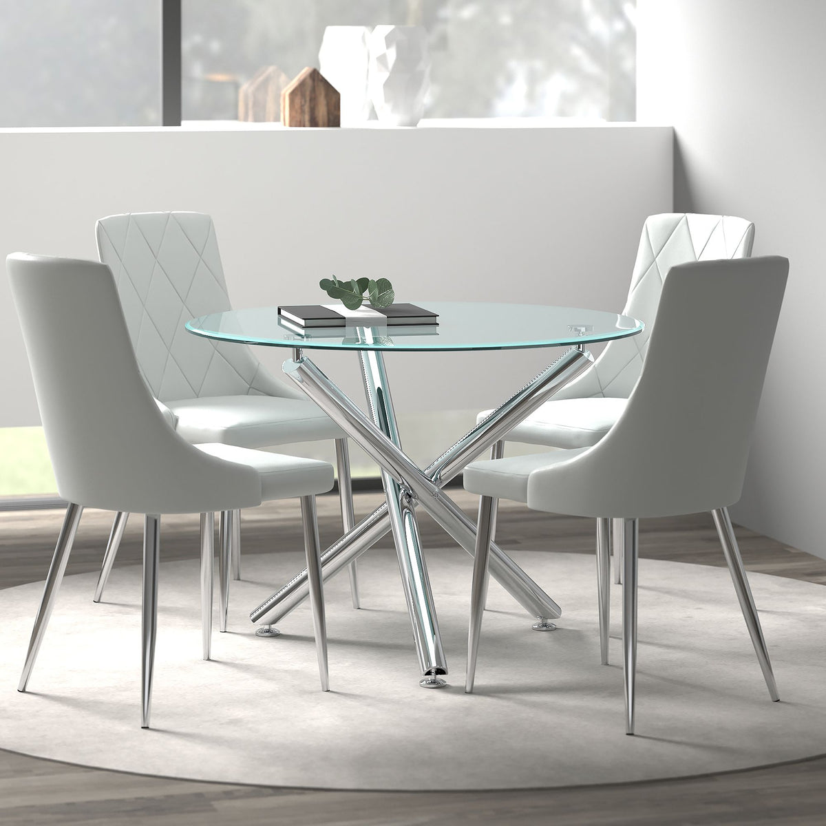 Glass Top 5-Piece Dining Set, Chrome Table and Grey Chairs