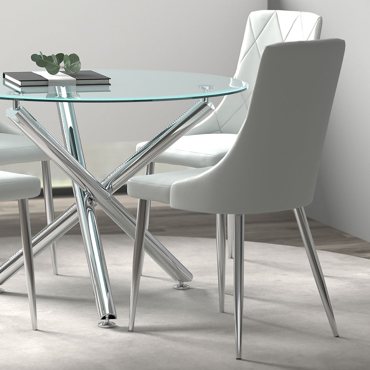 Glass Top 5-Piece Dining Set, Chrome Table and Grey Chairs