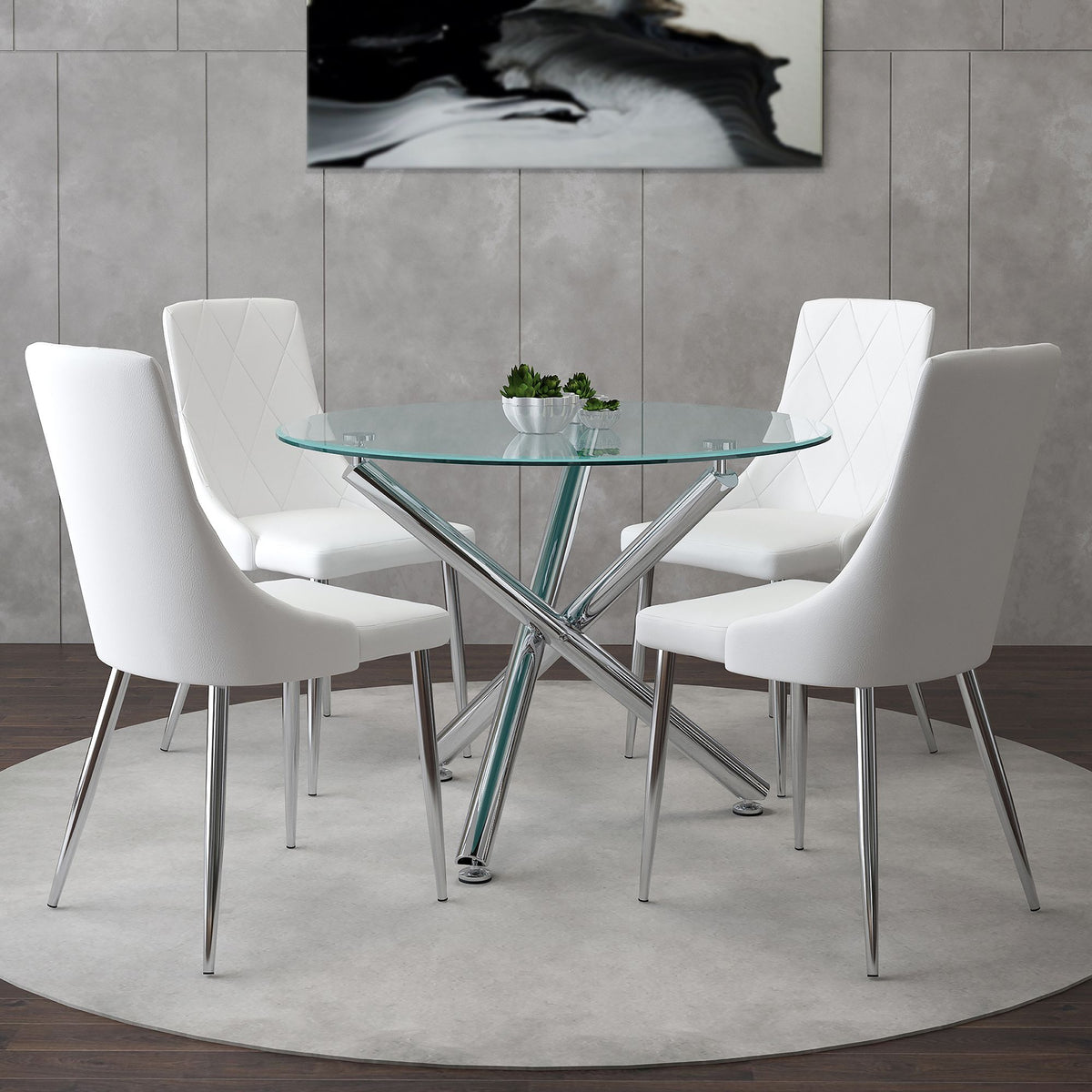 Glass Top 5-Piece Dining Set, Chrome Table and White Chairs