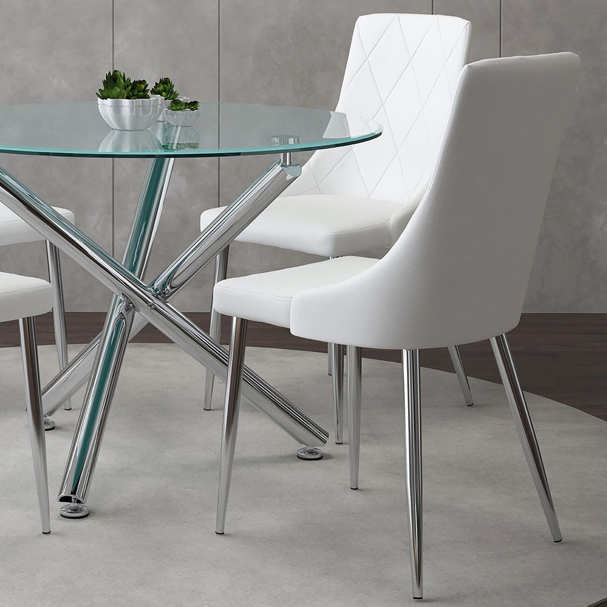 Glass Top 5-Piece Dining Set, Chrome Table and White Chairs