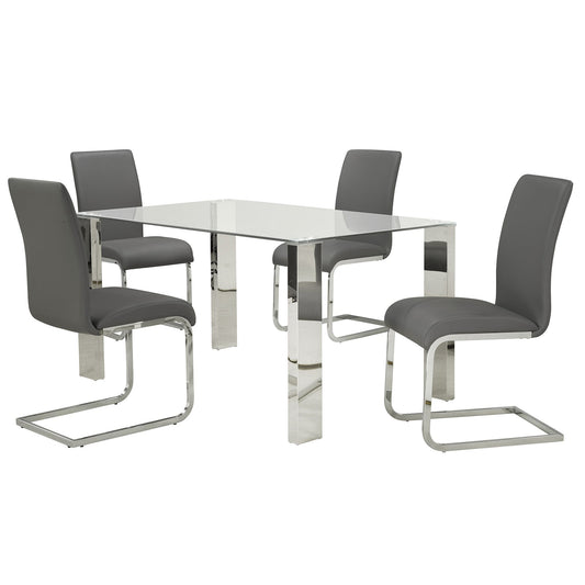 Glass Top Rectangular 5-Piece Dining Set, Chrome Table and Grey Chairs