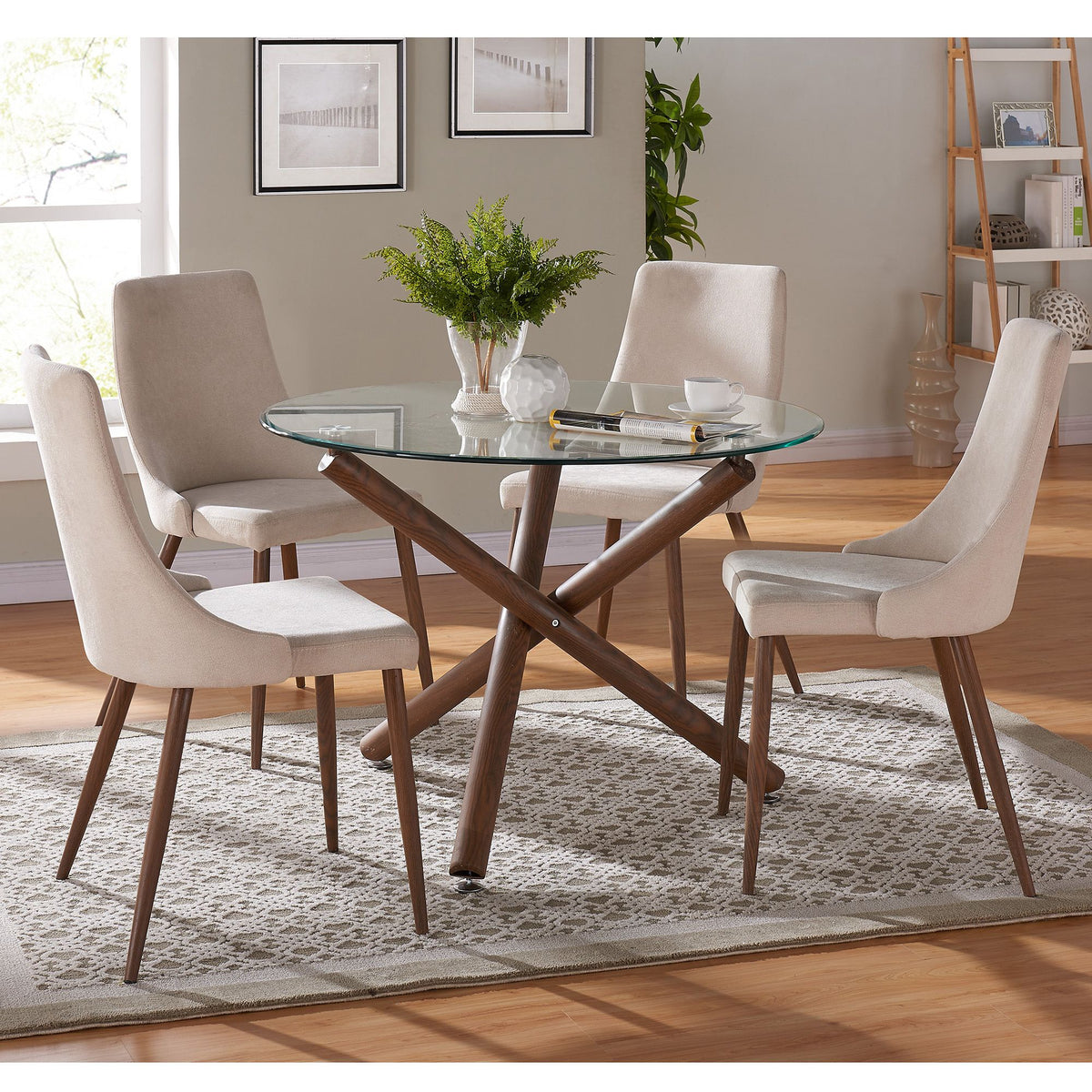 Glass Top 5-Piece Dining Set, Walnut Table and Beige Chairs