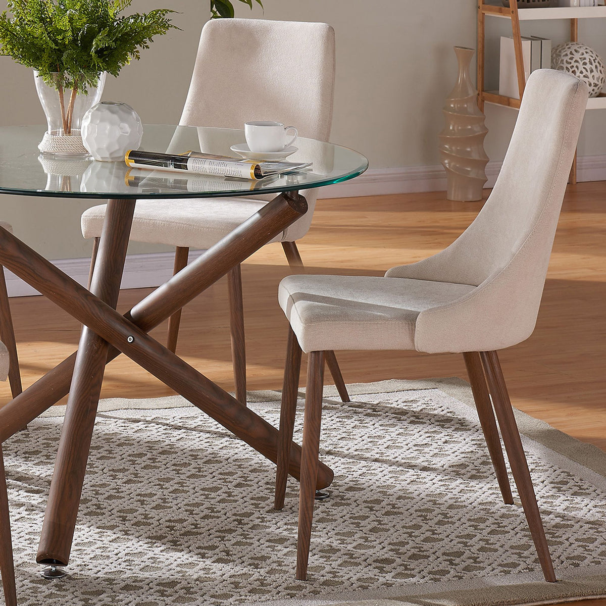 Glass Top 5-Piece Dining Set, Walnut Table and Beige Chairs