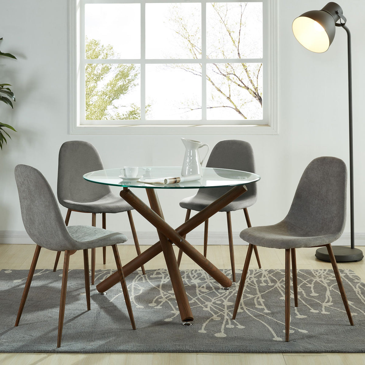 Glass Top 5-Piece Dining Set, Walnut Table and Grey Chairs