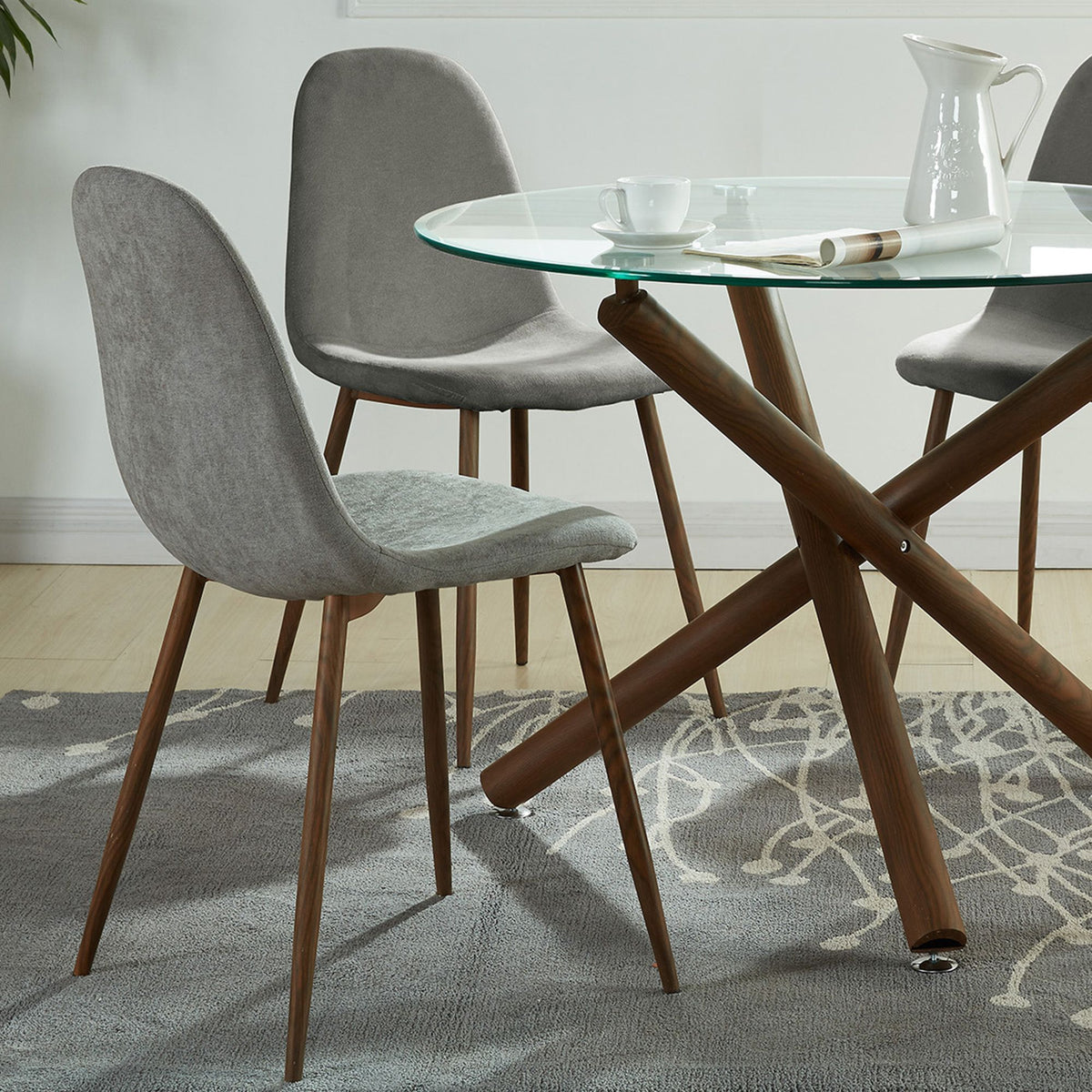 Glass Top 5-Piece Dining Set, Walnut Table and Grey Chairs