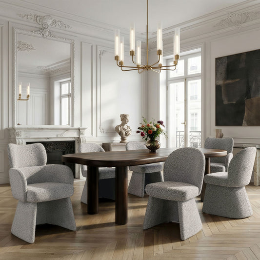 Solid Wood 7-Piece Dining Set, Walnut Table and Beige Chairs
